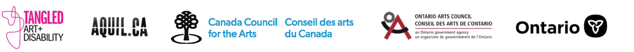 Various logos for the exhibition, including the Tangled Art + Disability logo, the aquil.ca logo, and the logos for the Canada Council for the Arts, the Ontario Arts Council and the Province of Ontario.